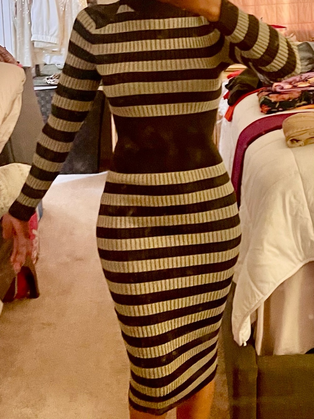 Gabrielle Union-Long-Sleeve Midi Dress in Striped Dark and Light Green